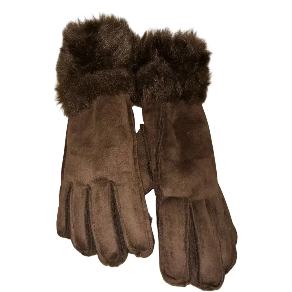 NWT Womens Brown Faux Fur Cuff Gloves Cozy Winter Dress Gloves